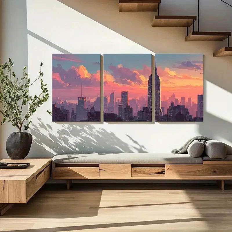 3pcs Cityscape Art Urban Skyline Sunset Glow Metal Print Ready to Hang Art - Bella Home Decor