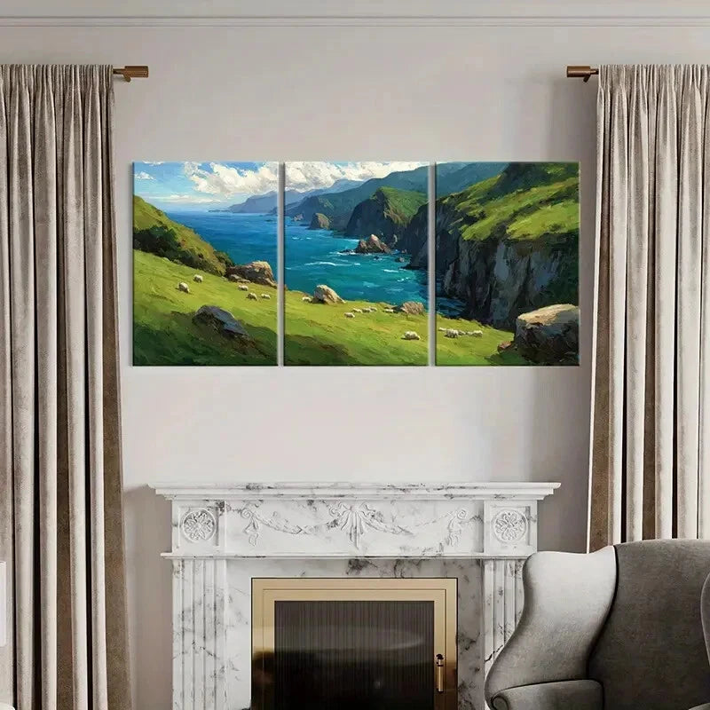 3pcs Landscape Art Coastal View Green Hills Metal Print Ready to Hang Art - Bella Home Decor