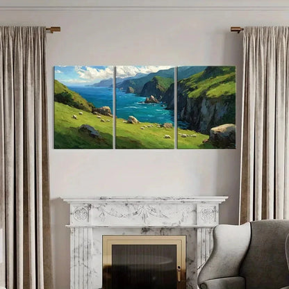 3pcs Landscape Art Coastal View Green Hills Metal Print Ready to Hang Art - Bella Home Decor