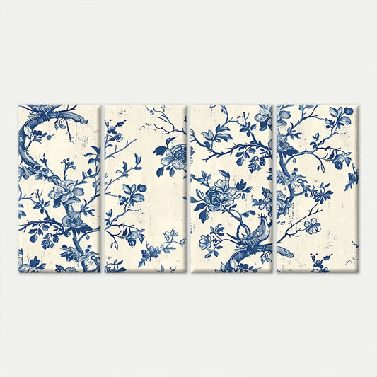 4pcs Blue and White Vintage Floral Style Wall Art Set Canvas Framed 45x80cm - High Quality Print 100% Australian Made Wall Canvas Ready to Hang