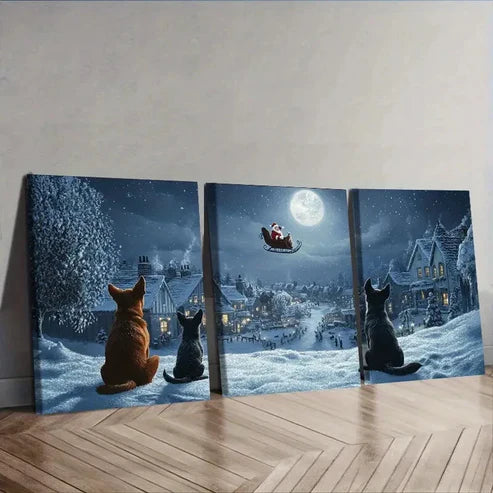 3pcs The dog looks at Santa Claus Wall Art Set Canvas Unframed - High Quality Print 100% Australian Made Wall Canvas