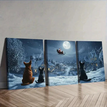 3pcs The dog looks at Santa Claus Wall Art Set Canvas Unframed - High Quality Print 100% Australian Made Wall Canvas
