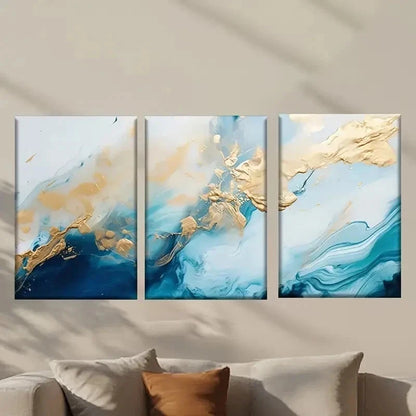 3pcs Abstract Golden and Blue Painting Wall Art Set Canvas Framed 40x60cm - High Quality Print 100% Australian Made Wall Canvas Ready to Hang - Bella Home Decor