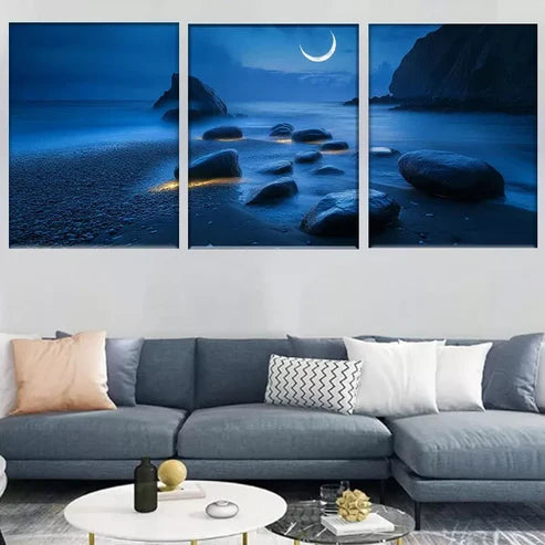 3pcs Tranquil Ocean Shore with Crescent Moon Wall Art Canvas Unframed - High Quality Print 100% Australian Made Wall Canvas