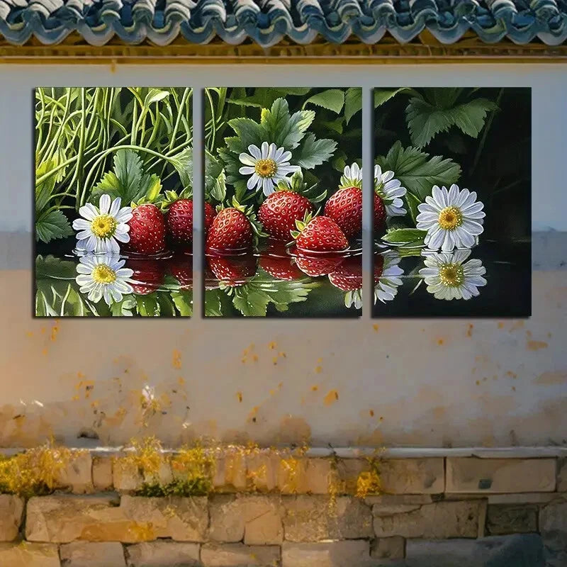3pcs Strawberry and Daisy Reflections Illustration Metal Print Ready to Hang Art - Bella Home Decor