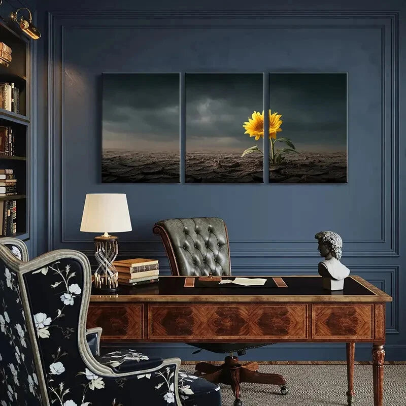 3pcs Sunflower Dark Sky Cracked Earth Metal Print Ready to Hang Art - Bella Home Decor