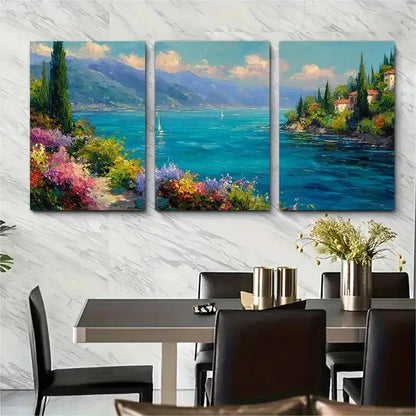 3pcs Lakeside Floral Sea Distant Sails Perfect Wall Art Set Canvas Framed 50x70cm - High Quality Print 100% Australian Made Wall Canvas Ready to Hang