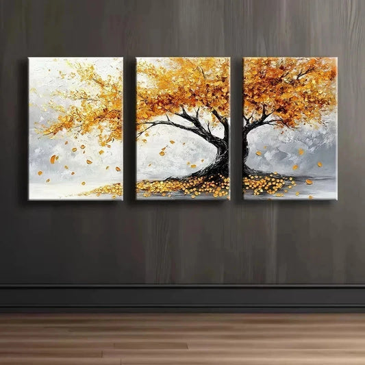 3pcs A tree with Golden leaves Illustration Metal Print Ready to Hang Art