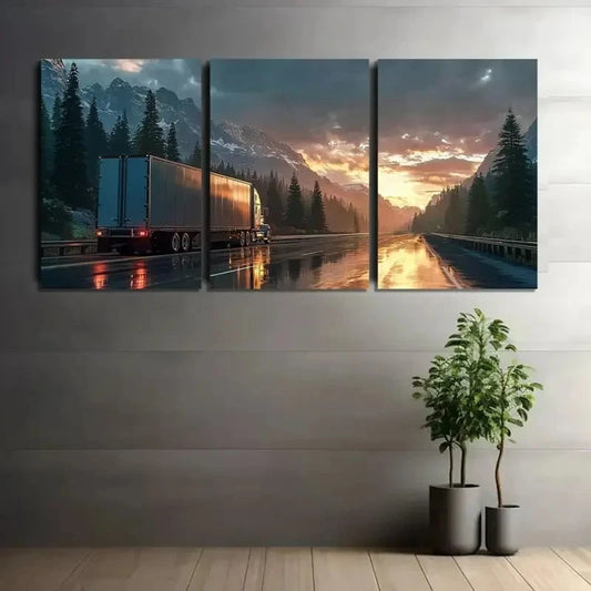 3pcs Semi-Truck Driving on Highway with Mountains Metal Print Ready to Hang Art