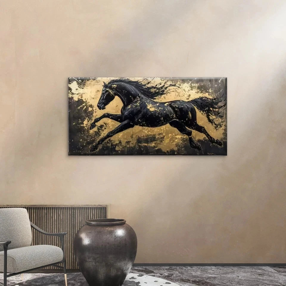 Abstract Horse Black, Golden Wall Art Canvas Office Home Room Framed 120x60cm