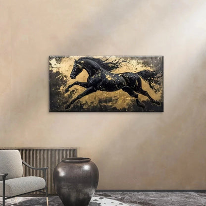 Abstract Horse Black, Golden Wall Art Canvas Office Home Room Framed 120x60cm