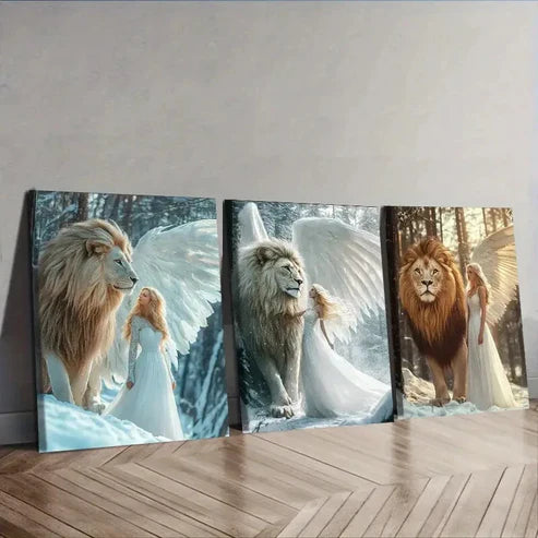 3pcs The girl and the lion in the snow Wall Art Set Canvas Unframed - High Quality Print 100% Australian Made Wall Canvas