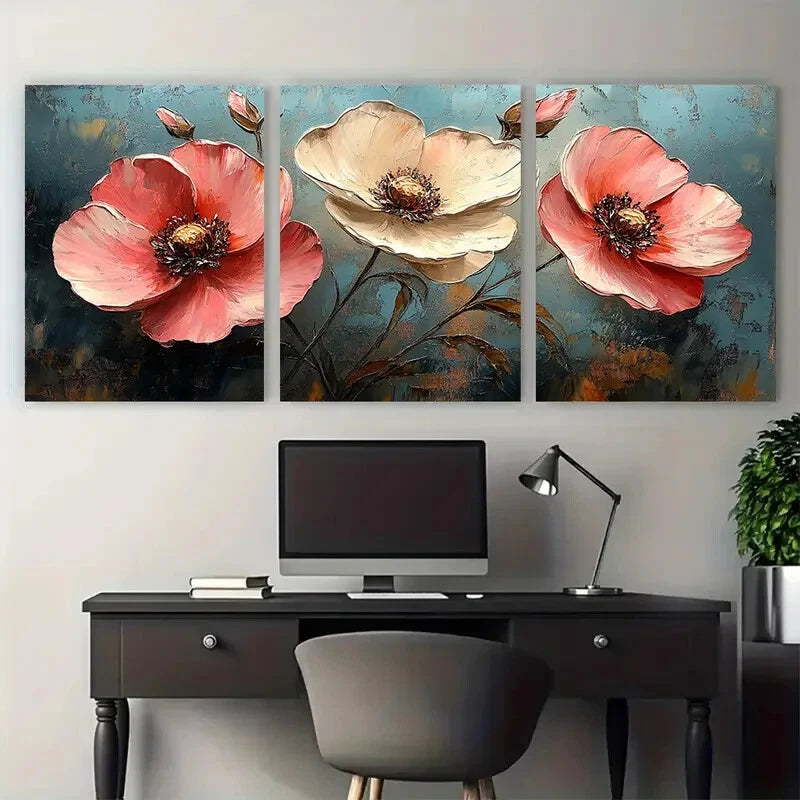 3pcs Vibrant Pink White Flower Abstract Modern Metal Print Ready to Hang Art - Bella Home Decor