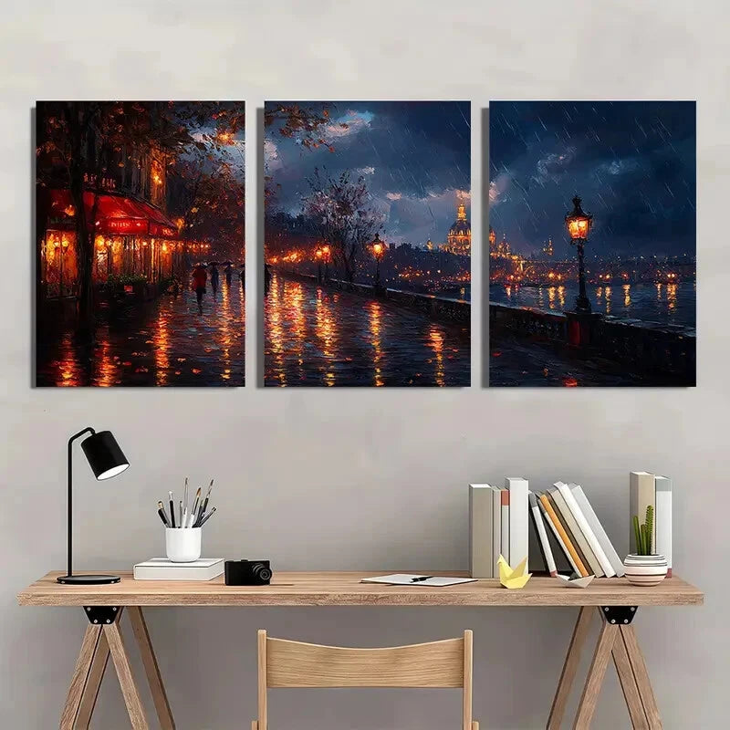 3pcs Rainy Evening Scene with Eiffel Tower Wall Art Set Canvas Framed 40x60cm - High Quality Print 100% Australian Made Wall Canvas Ready to Hang