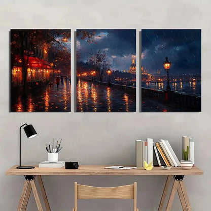 3pcs Rainy Evening Scene with Eiffel Tower Wall Art Set Canvas Framed 40x60cm - High Quality Print 100% Australian Made Wall Canvas Ready to Hang