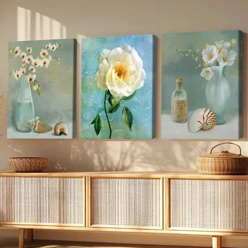 3pcs White Flower Fantasy Bottle White Rose Blue Wall Art Set Canvas Unframed - High Quality Print 100% Australian Made Wall Canvas