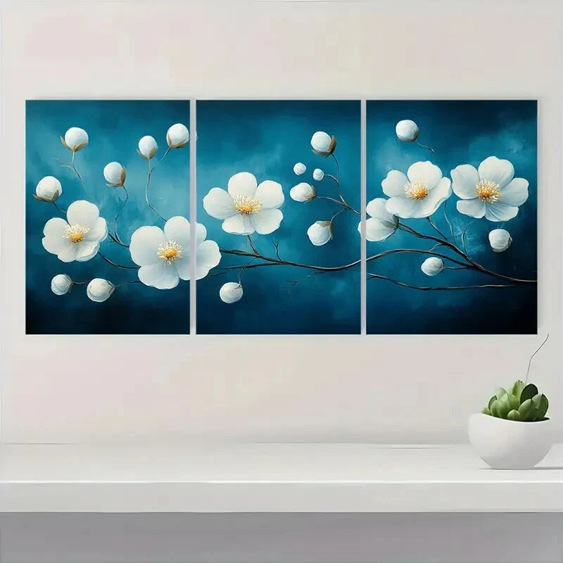 3pcs Elegant White Flower Dark Blue Background Metal Print Ready to Hang Art - Bella Home Decor
