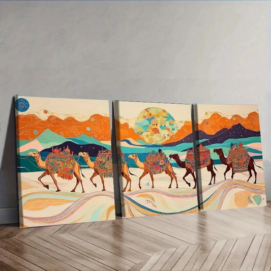 3pcs Painting A caravan of camels Wall Art Set Canvas Framed 40x60cm - High Quality Print 100% Australian Made Wall Canvas Ready to Hang