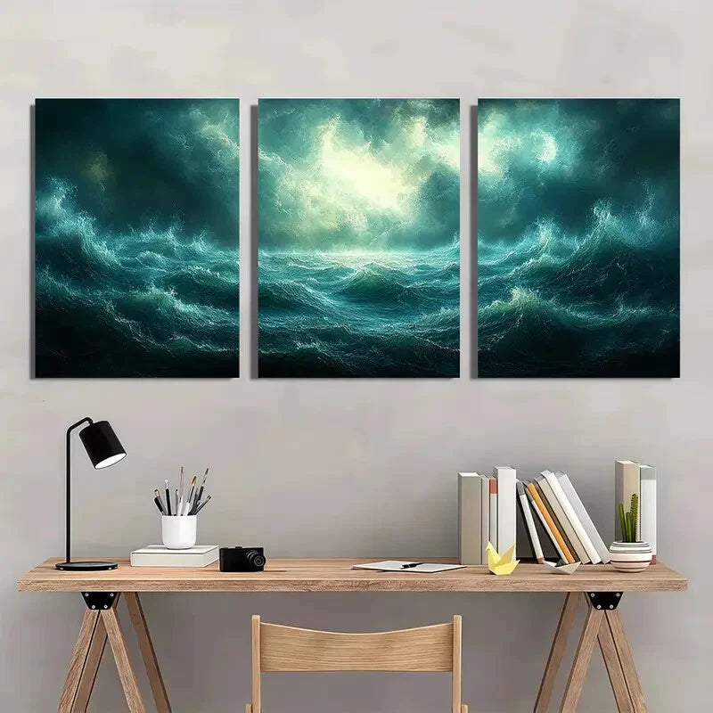 3pcs Thunderstorm Seascape Ocean Storm Art Metal Print Ready to Hang Art - Bella Home Decor