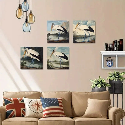 4pcsElegant Long-Billed BirdWall Art Canvas Framed