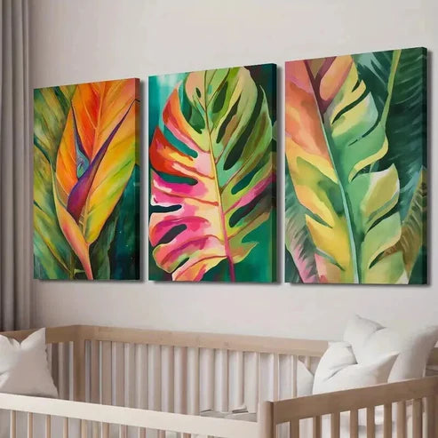 3pcs Colorful Monstera & Palm Leaf Designs Wall Art Canvas Unframed - High Quality Print 100% Australian Made Wall Canvas - Bella Home Decor