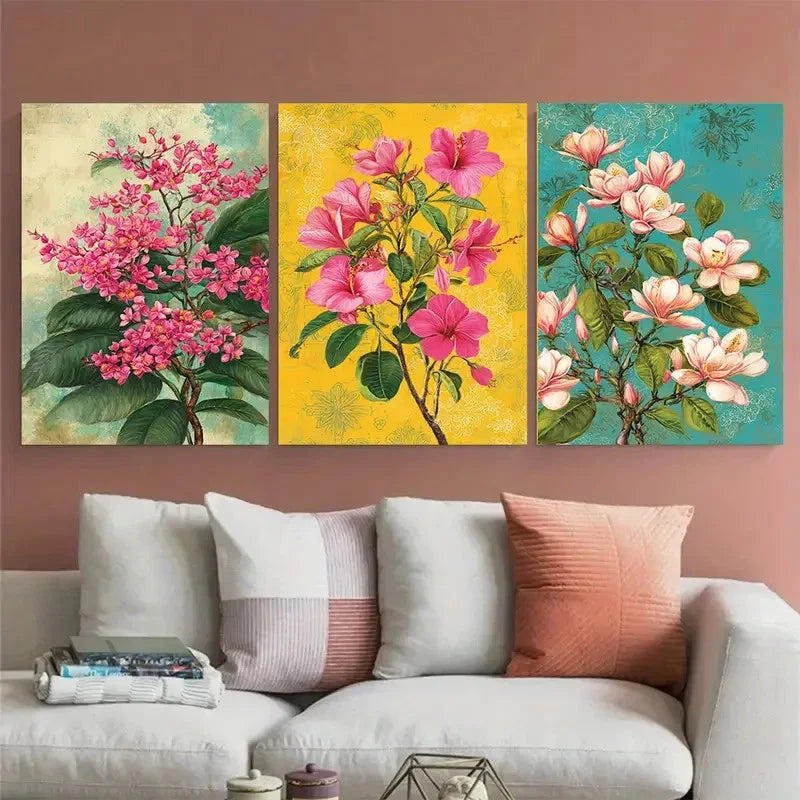 3pcs Bangladesh Travel Floral Illustration Wall Art Set Canvas Framed 50x70cm - High Quality Print 100% Australian Made Wall Canvas Ready to Hang - Bella Home Decor