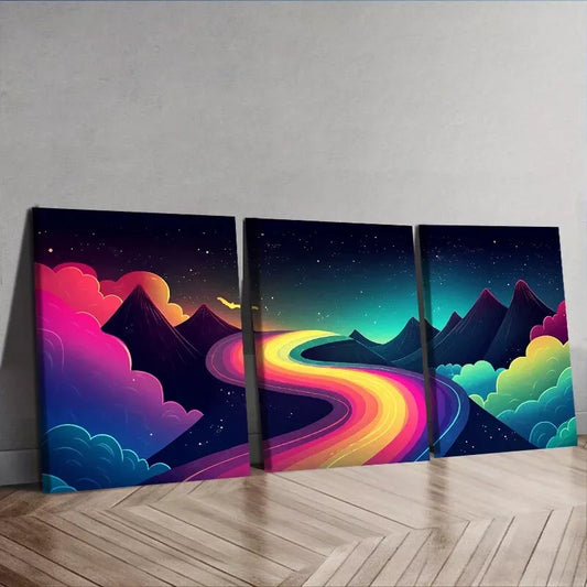 3pcs A Rainbow Colored Pathway In The Sky Wall Art Set Canvas Framed 50x70cm - High Quality Print 100% Australian Made Wall Canvas Ready to Hang