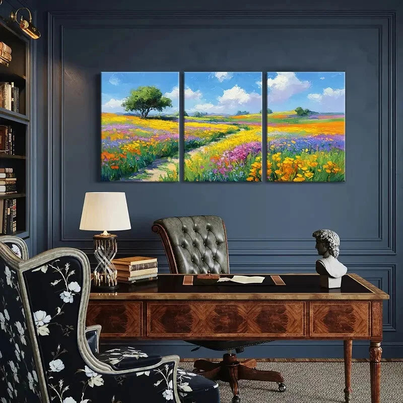 3pcs Vibrant Landscape Painting Colorful Flowers Metal Print Ready to Hang Art