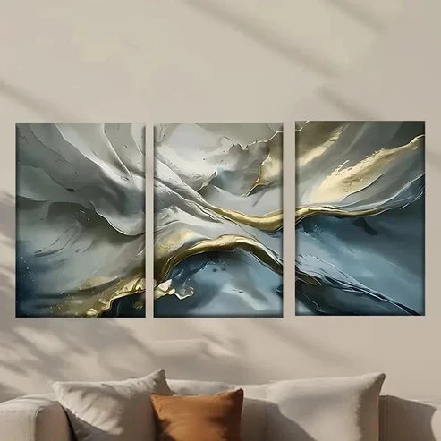 3pcs Abstract Painting with Golden and Blue Wall Art Set Canvas Unframed - High Quality Print 100% Australian Made Wall Canvas - Bella Home Decor