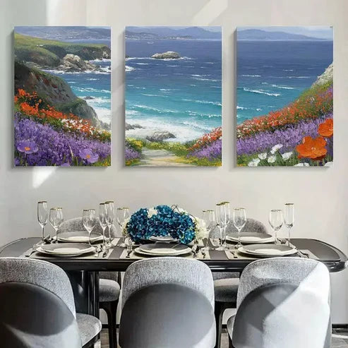3pcs Flowers with Grass Mountain & Sea Wall Art Canvas Unframed - High Quality Print 100% Australian Made Wall Canvas