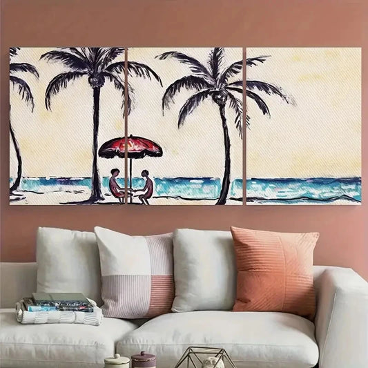 3pcs Minimalist Couple In Beach Palm Trees Scene Metal Print Ready to Hang Art