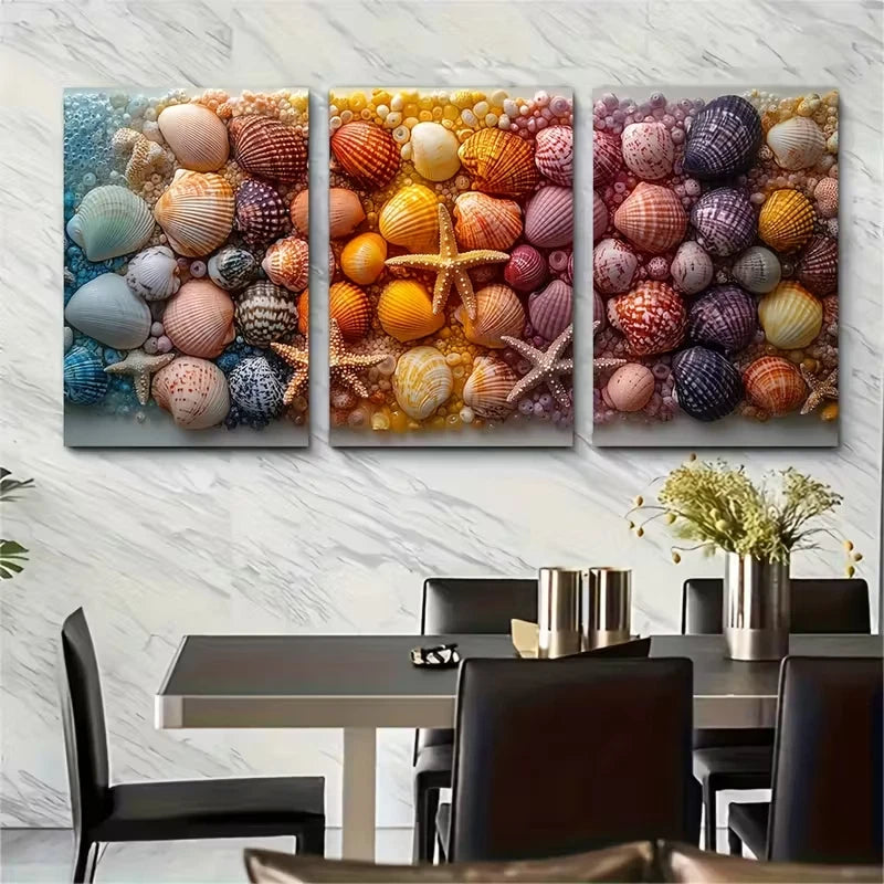 3pcs Vibrant Seashell and Starfish Metal Print Ready to Hang Art