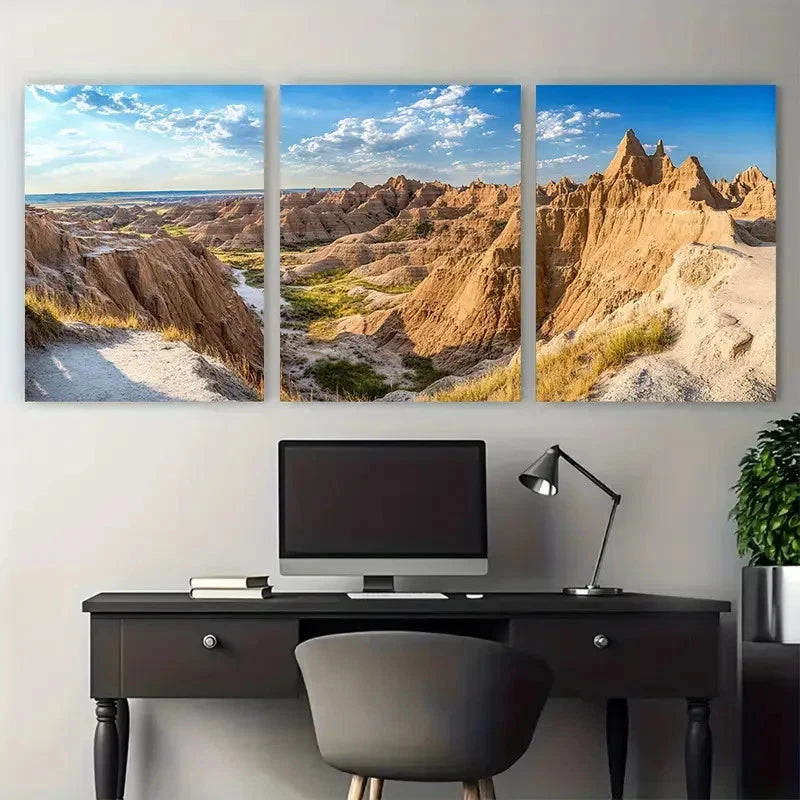 3pcs Badlands National Park Travel Wall Art Set Canvas Framed 50x70cm - High Quality Print 100% Australian Made Wall Canvas Ready to Hang - Bella Home Decor