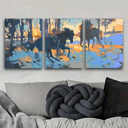 3pcs Abstract Running Horses in Forest Landscape Metal Print Ready to Hang Art - Bella Home Decor