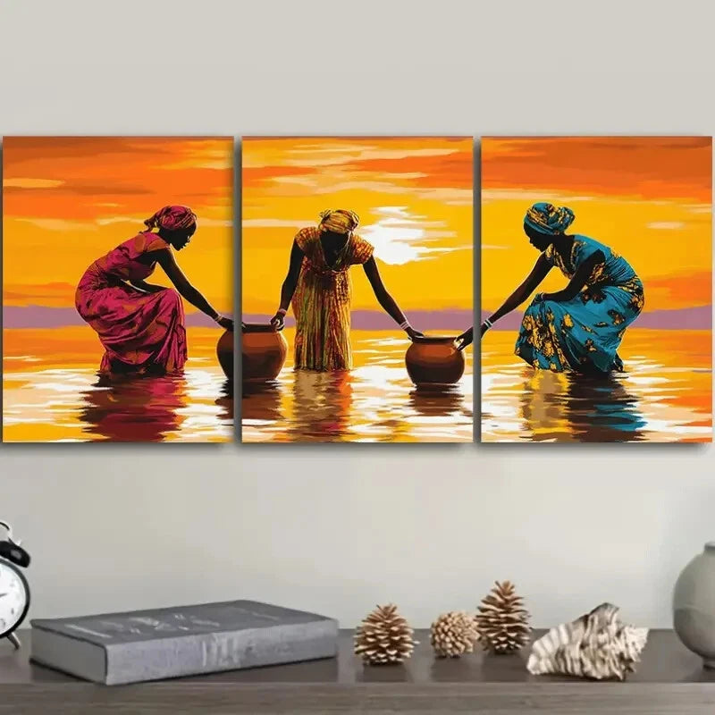 3pcs African Women by the River Metal Print Ready to Hang Art