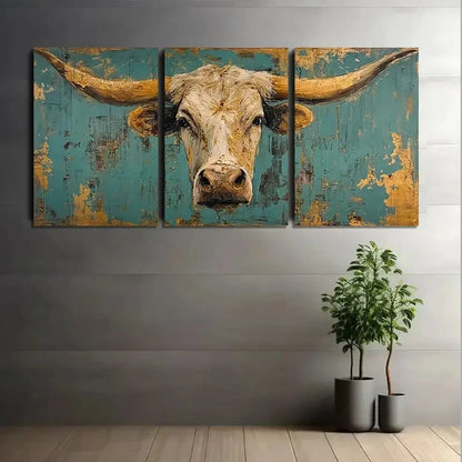 3pcs Distressed Painting of Longhorn Cow Metal Print Ready to Hang Art - Bella Home Decor