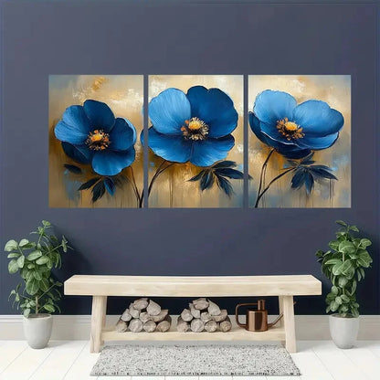 3pcs Abstract Blue Floral Flower Oil Painting Metal Print Ready to Hang Art - Bella Home Decor