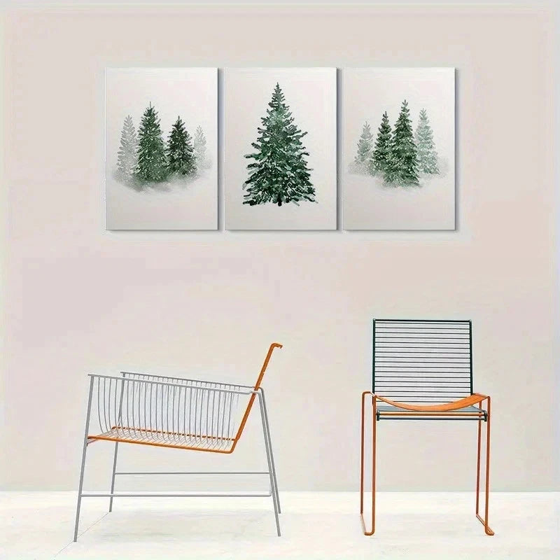 3pcs Watercolor Winter Pine Trees Metal Print Ready to Hang Art - Bella Home Decor