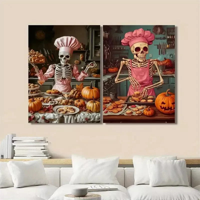 2pcs Food Art, Interesting Skeleton Art, Chefs Canvas Framed 50x75cm - High Quality Print 100% Australian Made Wall Canvas Ready to Hang - Bella Home Decor