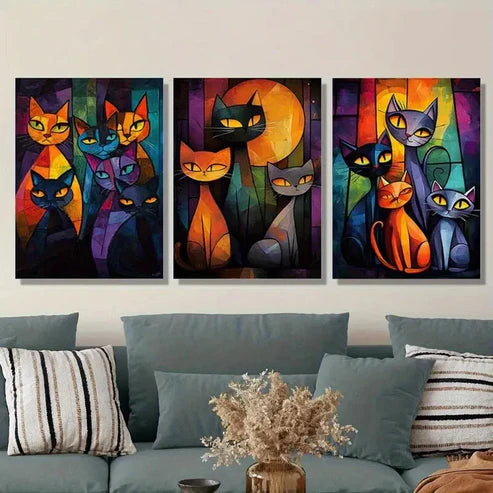 3pcs Abstract Cat Fantasy Colors Wall Art Canvas Unframed - High Quality Print 100% Australian Made Wall Canvas - Bella Home Decor
