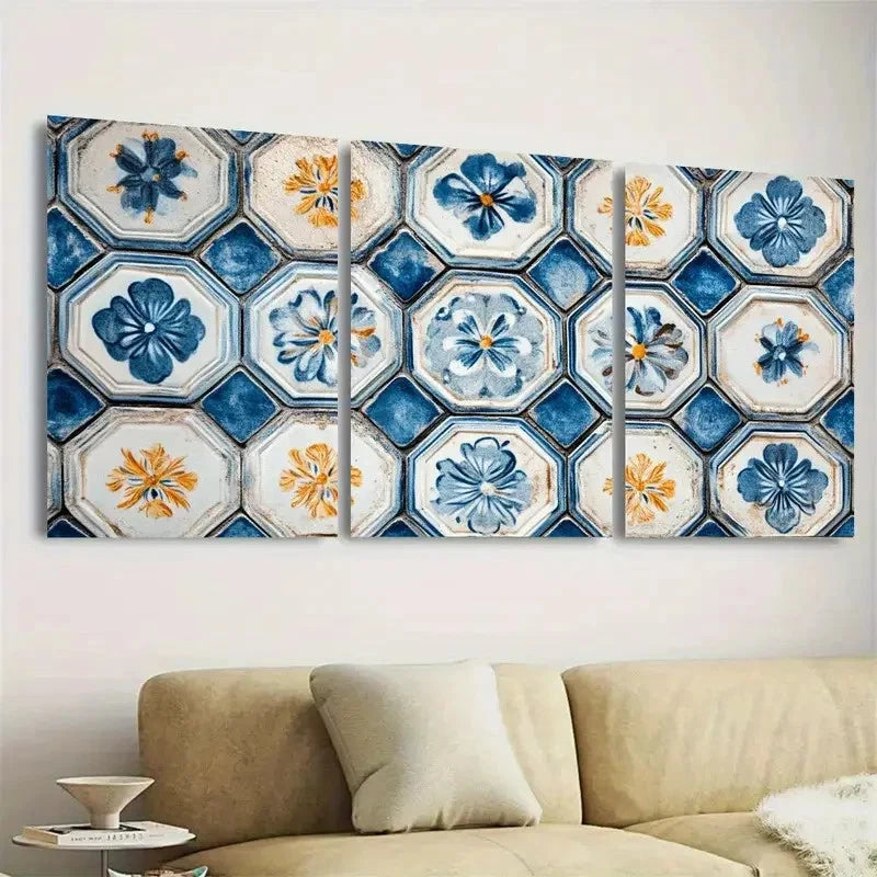 3pcs Blue Floral Octagonal Tile Wall Art Set Canvas Framed 40x60cm - High Quality Print 100% Australian Made Wall Canvas Ready to Hang - Bella Home Decor