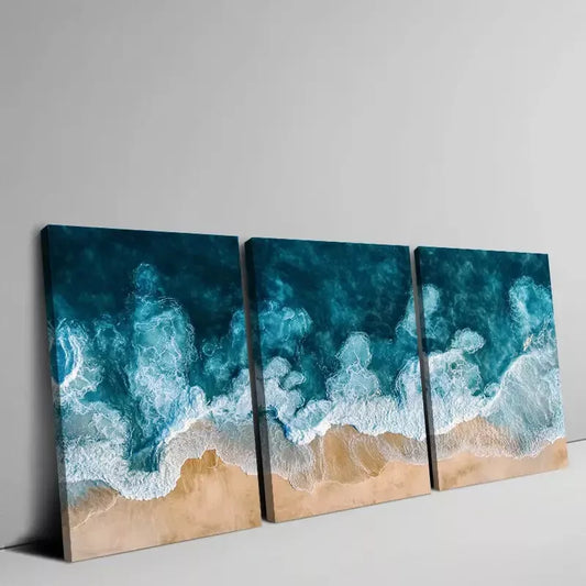 3pcs Water color Waves in Teal and Blue Ocean Wall Art Set Canvas Framed 50x70cm - High Quality Print 100% Australian Made Wall Canvas Ready to Hang