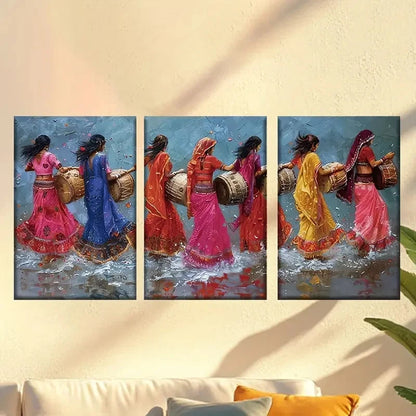 3pcs Vibrant Indian Dancers Traditional Attire Wall Art Set Canvas Framed 50x70cm - High Quality Print 100% Australian Made Wall Canvas Ready to Hang