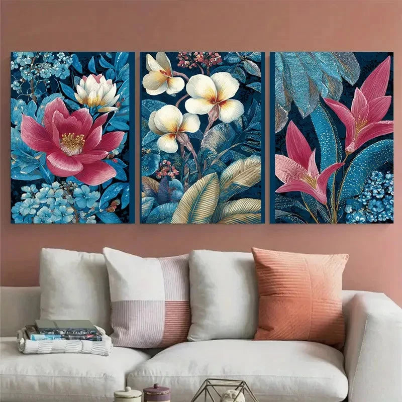 3pcs Bali Travel Indonesian Florals Illustration Wall Art Set Canvas Framed 60x90cm - High Quality Print 100% Australian Made Wall Canvas Ready to Hang - Bella Home Decor