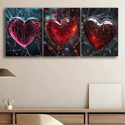 3pcs Shattered Glass Heart Design in Red & Pink Metal Print Ready to Hang Art