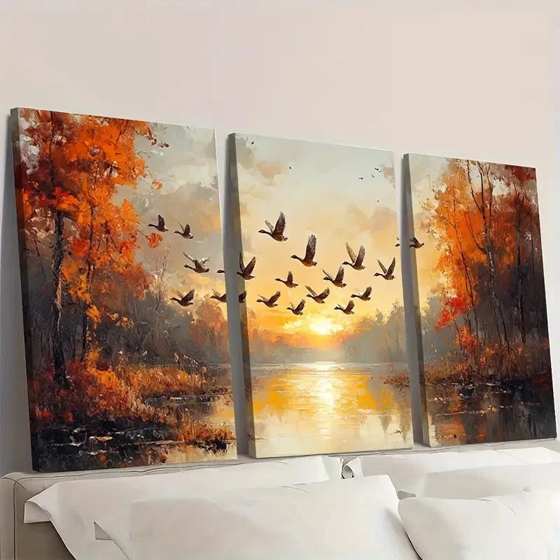 3pcs Geese Flock Flying Over Serene River GF  Wall Art Set Canvas Framed 60x90cm - High Quality Print 100% Australian Made Wall Canvas Ready to Hang - Bella Home Decor