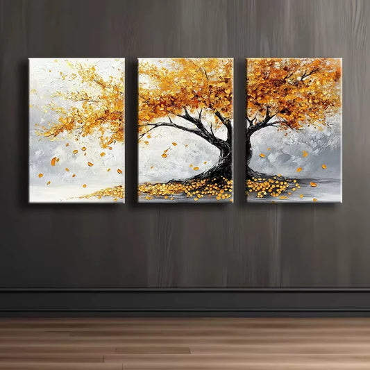 3pcs A tree with Golden leaves Illustration Wall Art Set Canvas Framed 60x90cm - High Quality Print 100% Australian Made Wall Canvas Ready to Hang