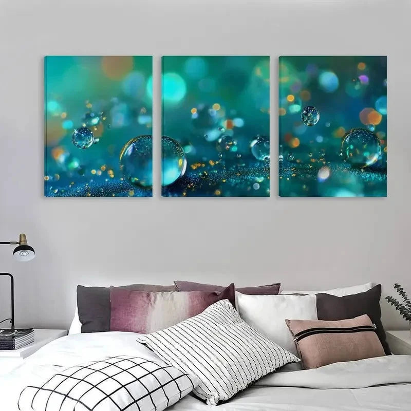 3pcs Turquoise & Golden Water Droplet Design  Wall Art Set Canvas Framed 60x90cm - High Quality Print 100% Australian Made Wall Canvas Ready to Hang - Bella Home Decor