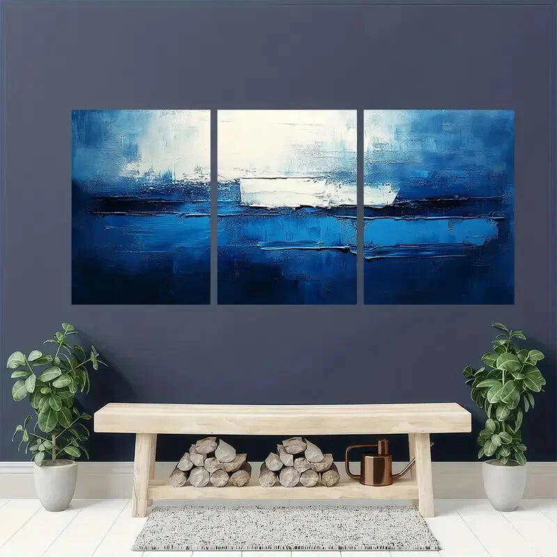3pcs Abstract Blue & Gray Modern Minimalist Metal Print Ready to Hang Art - Bella Home Decor