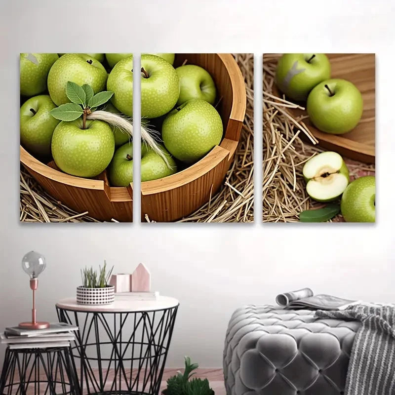 3pcs Wooden Bowl with Green Apples Wall Art Set Canvas Framed 50x70cm - High Quality Print 100% Australian Made Wall Canvas Ready to Hang